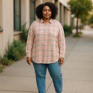 LRL Ralph Lauren Pink and Blue‎ Plaid Tab sleeve Shirt EUC